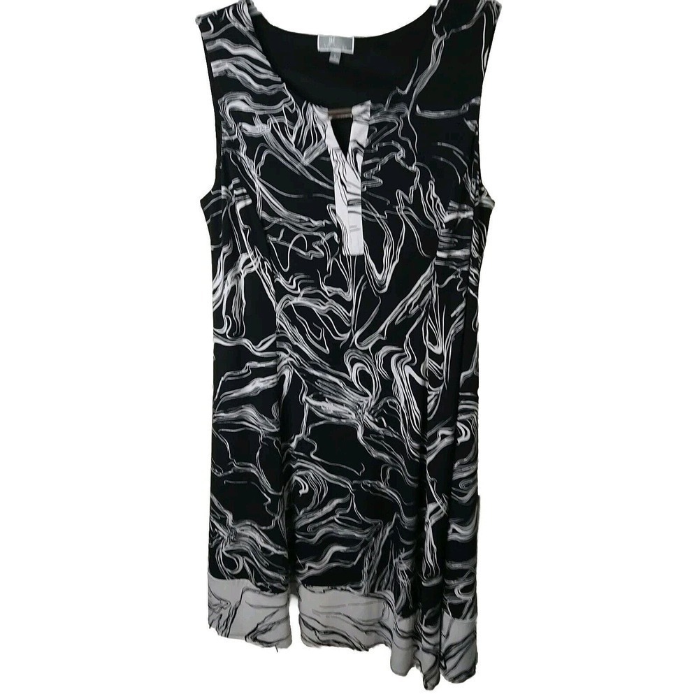 JM Collection Sleeveless Black White Abstract V Neck A Line Dress. Size L